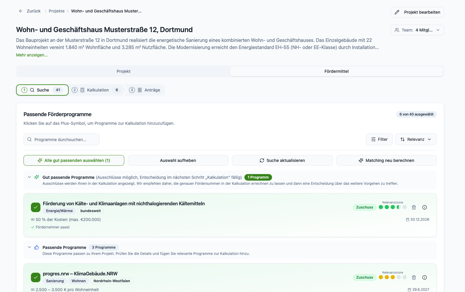 Passende Förderprogramme im Projekt mit Relevanzscore