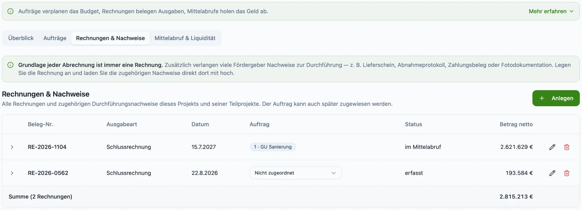 Übersicht Rechnungen und Nachweise mit Auftragszuordnung und Status je Beleg