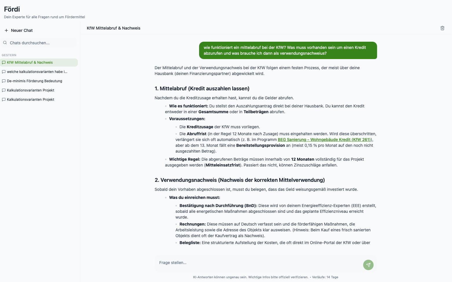 Chat-Assistent Fördi mit Antwort zu Mittelabruf und Verwendungsnachweis