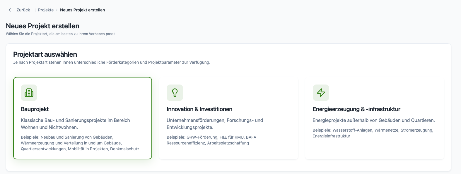 Auswahl der Projektart beim Anlegen eines neuen Projekts
